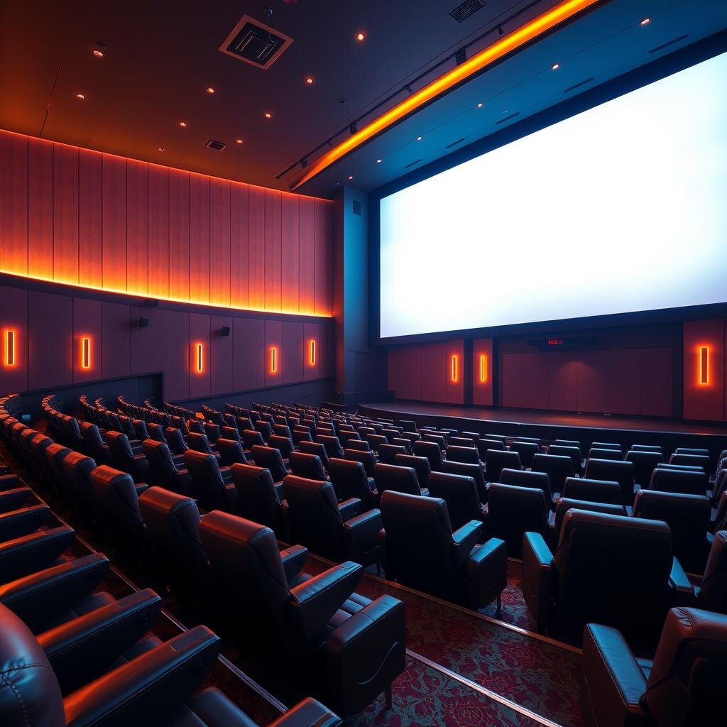 Luxury cinema auditorium with tiered seating and a large screen