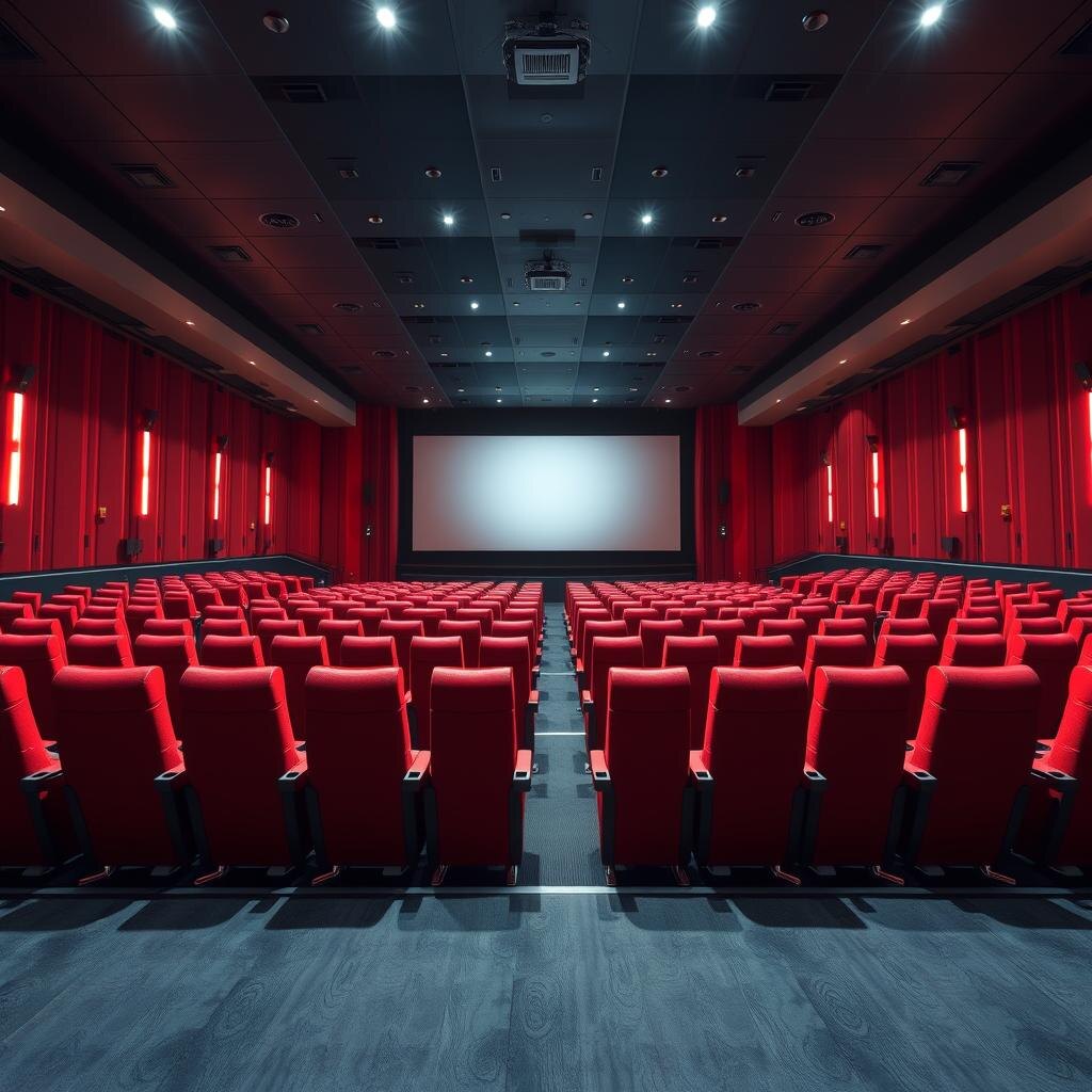 Modern movie theater auditorium with recliner seats and a glowing screen
